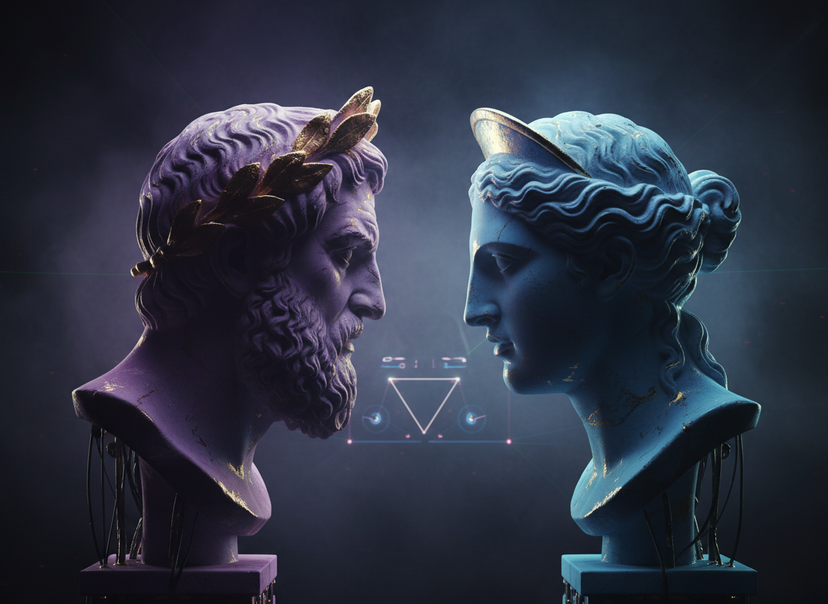 Two Greek marble statue heads facing each other, one lit purple and one blue, in a dark foggy setting