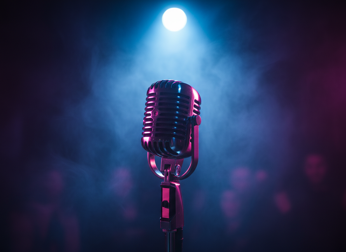 Vintage microphone lit by electric blue and purple neon in a dark smoky room