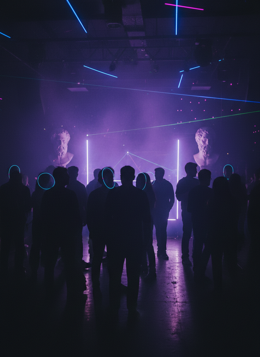 Crowd silhouettes in discussion under purple and blue neon with marble philosopher busts in the background